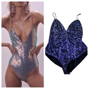 NWT For love & lemons Purple Sequin Bodysuit L